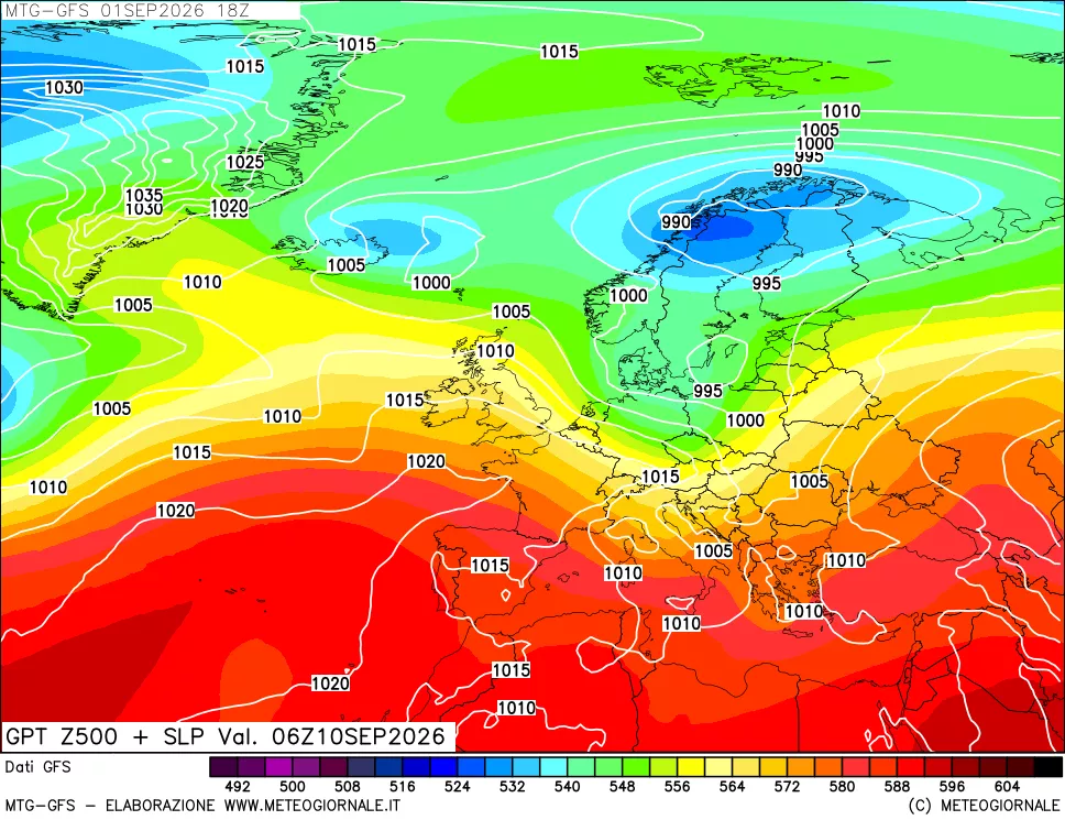 mappa GFS: Geopotenziale a 500 hPa + Pressione sul livello del mare