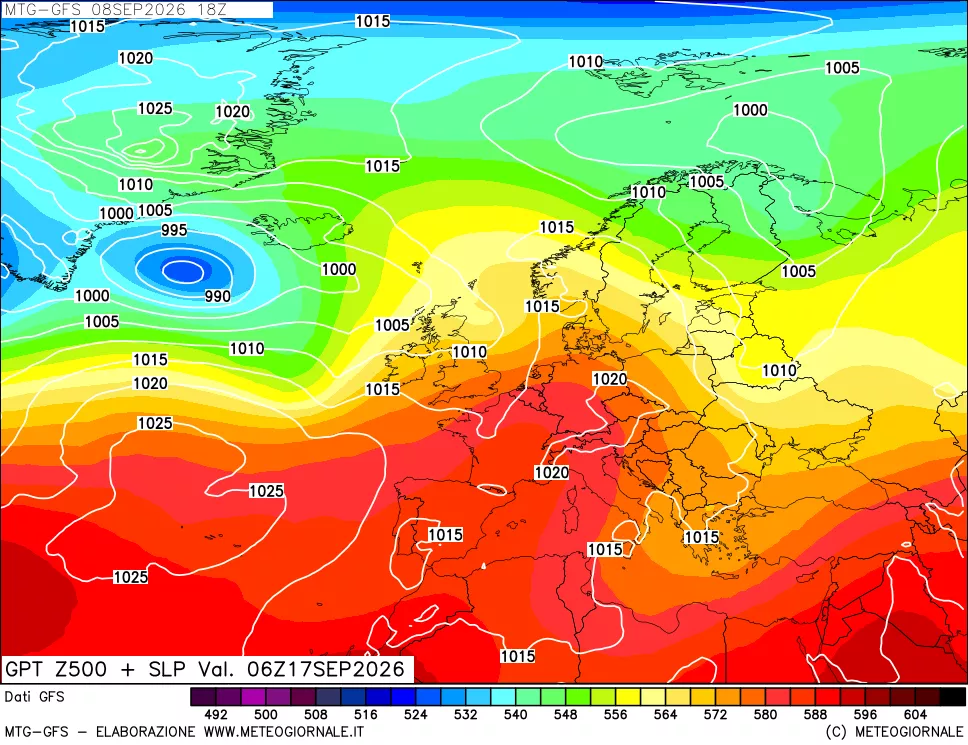 mappa GFS: Geopotenziale a 500 hPa + Pressione sul livello del mare