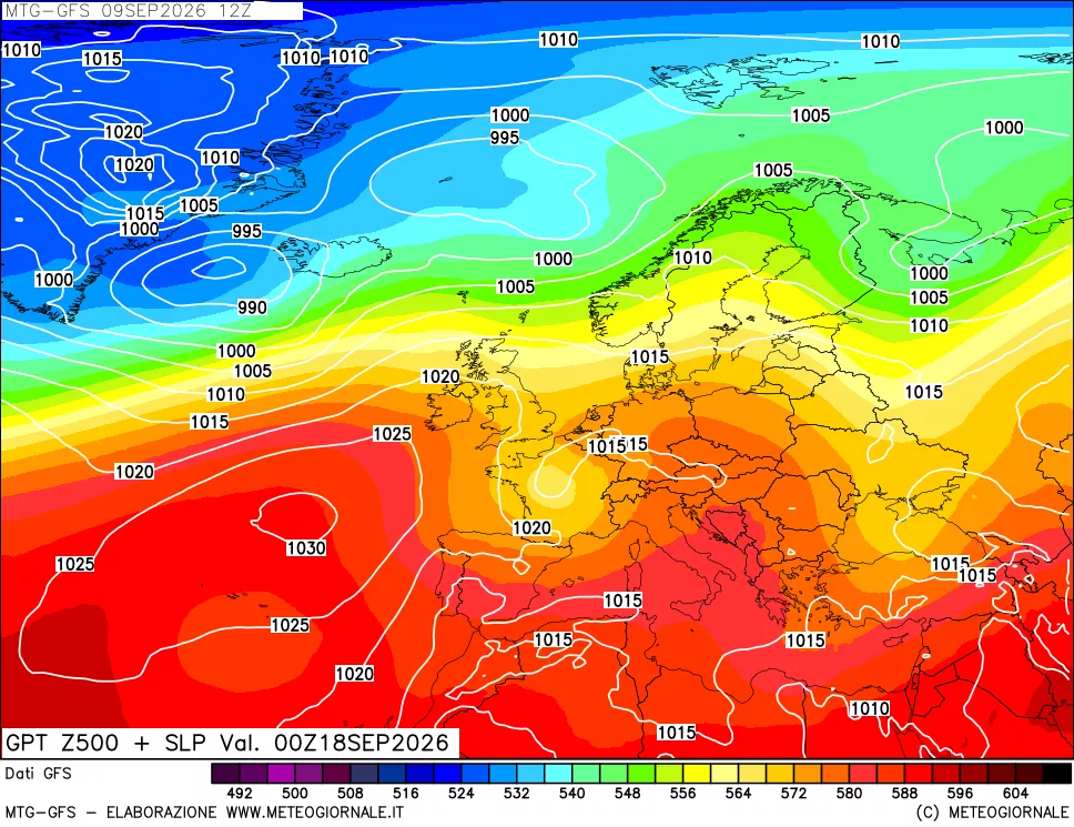 mappa GFS: Geopotenziale a 500 hPa + Pressione sul livello del mare