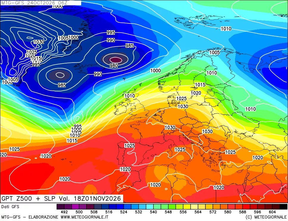 mappa GFS: Geopotenziale a 500 hPa + Pressione sul livello del mare