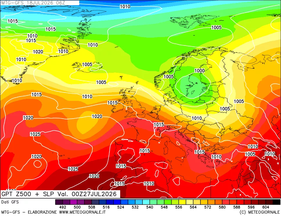 mappa GFS: Geopotenziale a 500 hPa + Pressione sul livello del mare