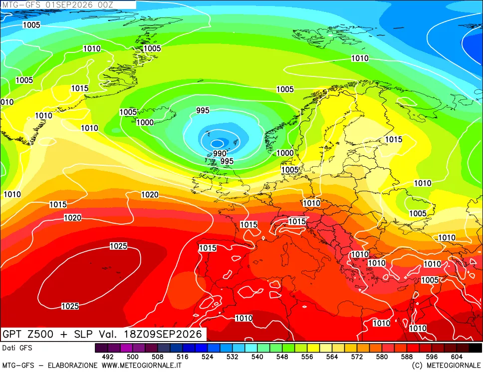 mappa GFS: Geopotenziale a 500 hPa + Pressione sul livello del mare