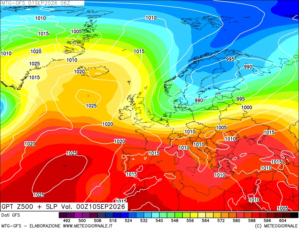 mappa GFS: Geopotenziale a 500 hPa + Pressione sul livello del mare