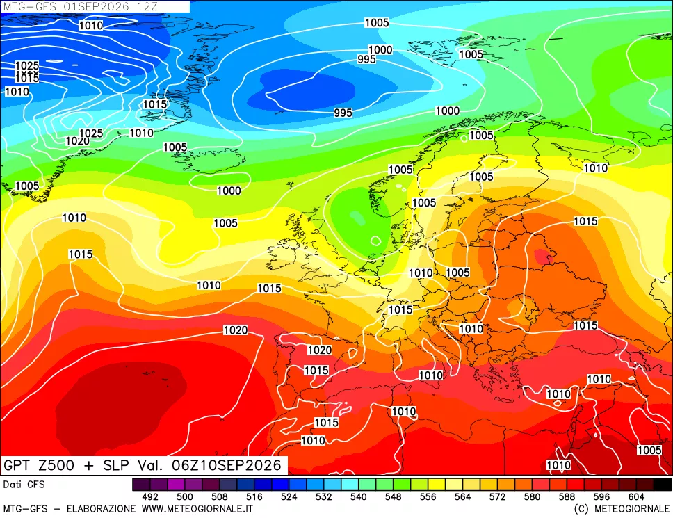 mappa GFS: Geopotenziale a 500 hPa + Pressione sul livello del mare