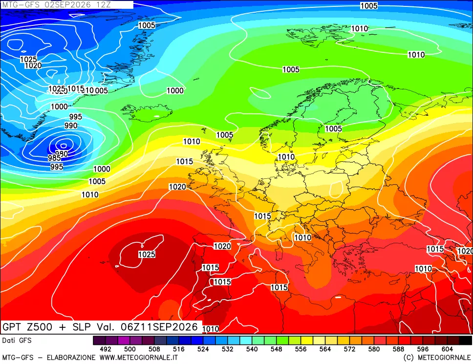mappa GFS: Geopotenziale a 500 hPa + Pressione sul livello del mare