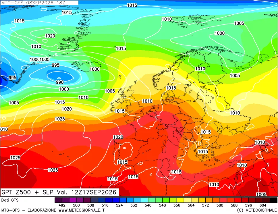 mappa GFS: Geopotenziale a 500 hPa + Pressione sul livello del mare
