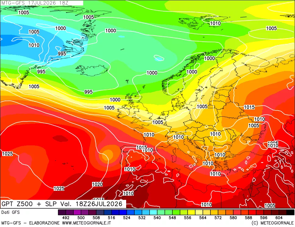 mappa GFS: Geopotenziale a 500 hPa + Pressione sul livello del mare