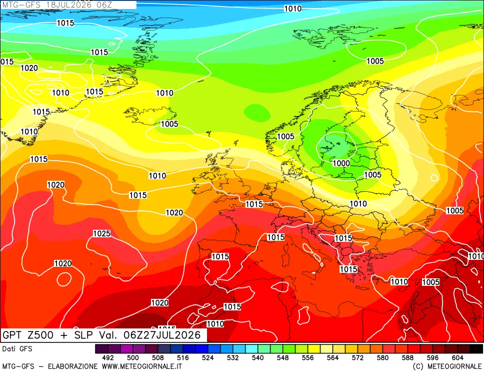 mappa GFS: Geopotenziale a 500 hPa + Pressione sul livello del mare
