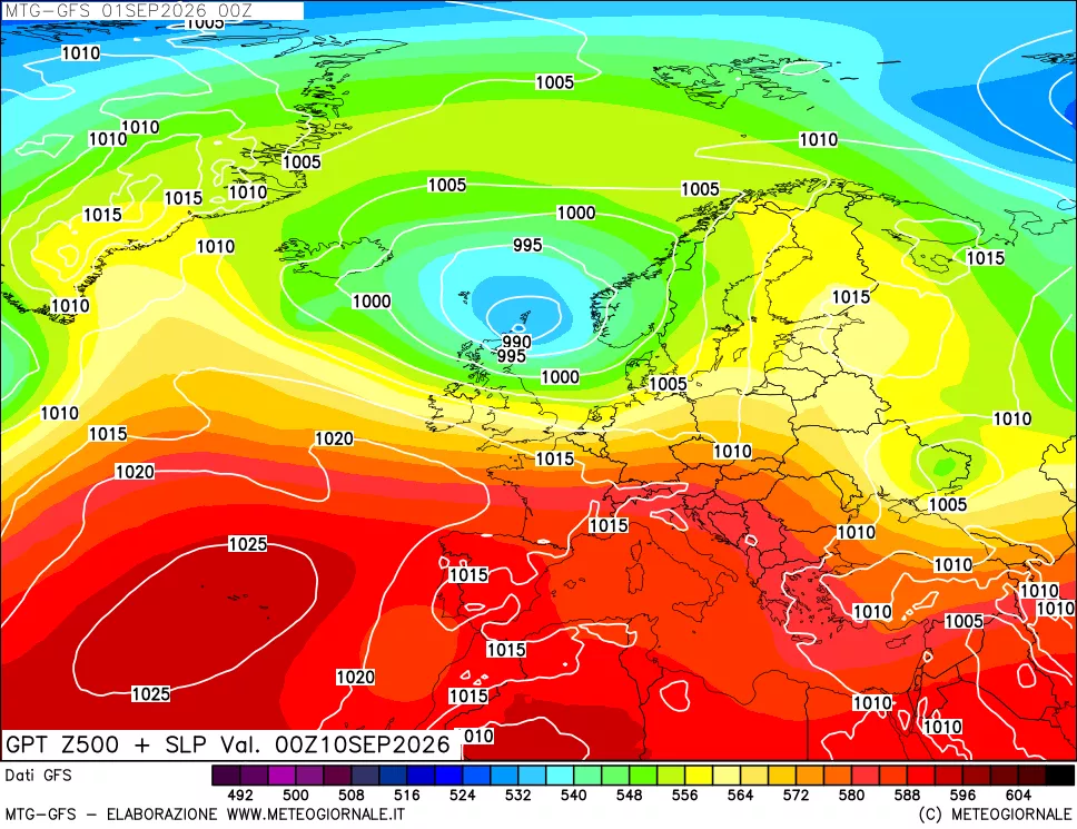 mappa GFS: Geopotenziale a 500 hPa + Pressione sul livello del mare