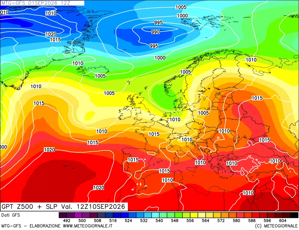 mappa GFS: Geopotenziale a 500 hPa + Pressione sul livello del mare