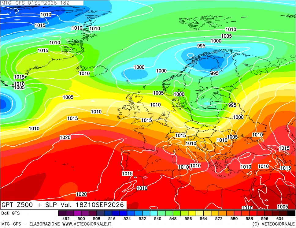 mappa GFS: Geopotenziale a 500 hPa + Pressione sul livello del mare