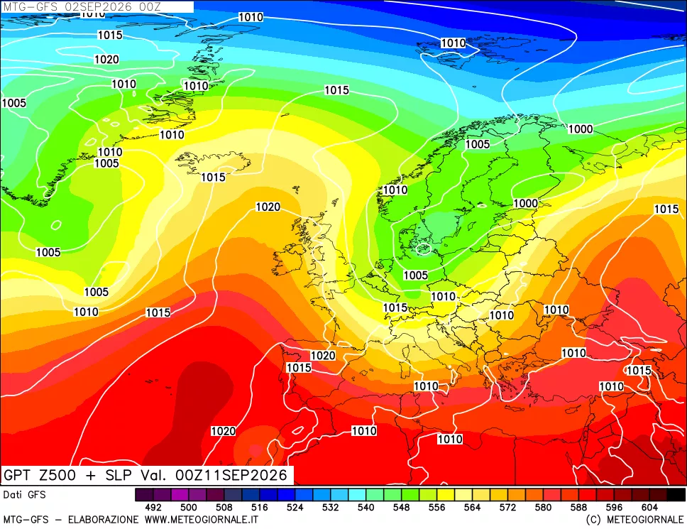 mappa GFS: Geopotenziale a 500 hPa + Pressione sul livello del mare