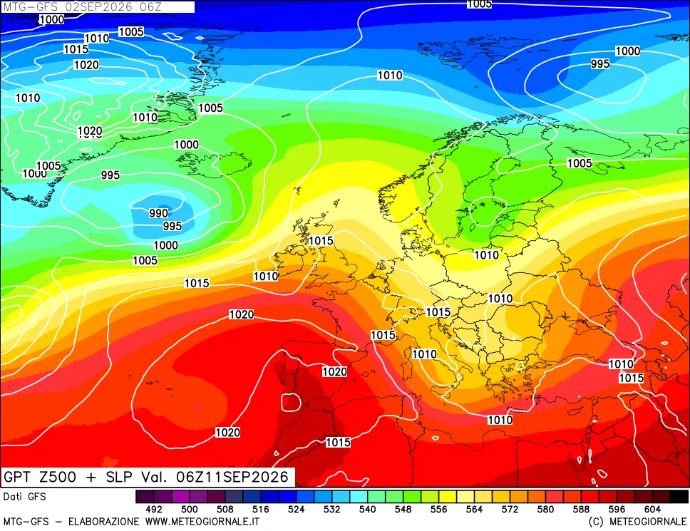 mappa GFS: Geopotenziale a 500 hPa + Pressione sul livello del mare