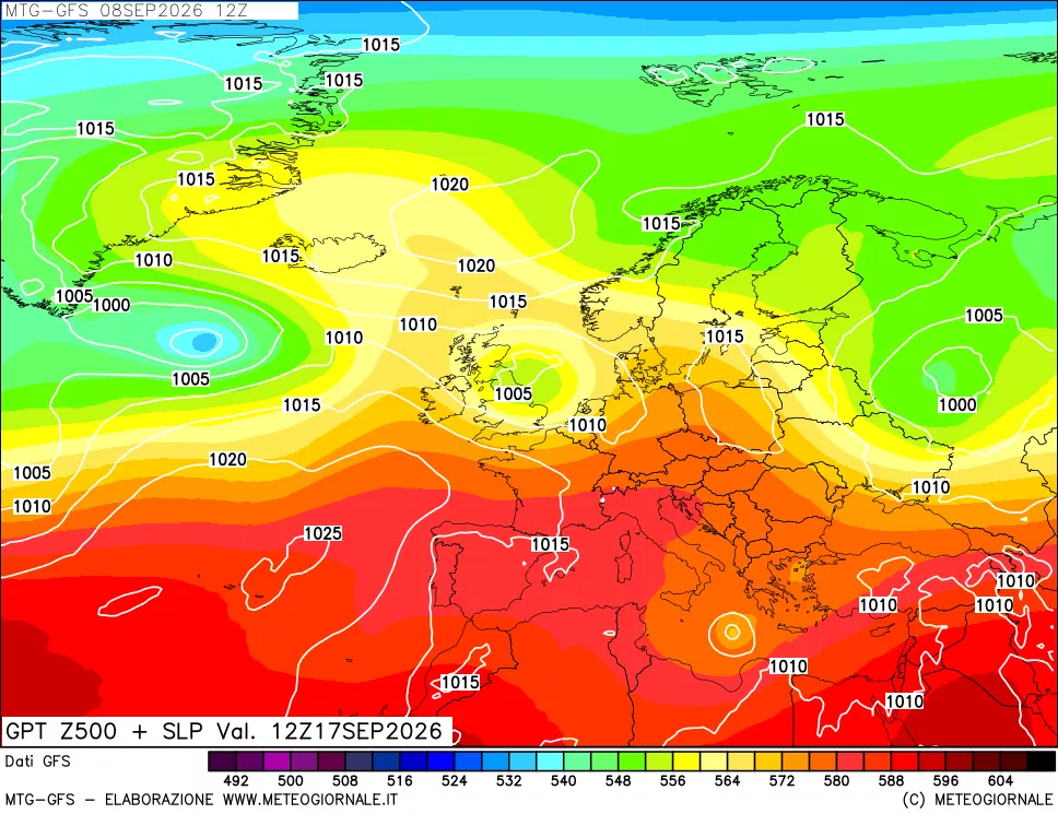 mappa GFS: Geopotenziale a 500 hPa + Pressione sul livello del mare