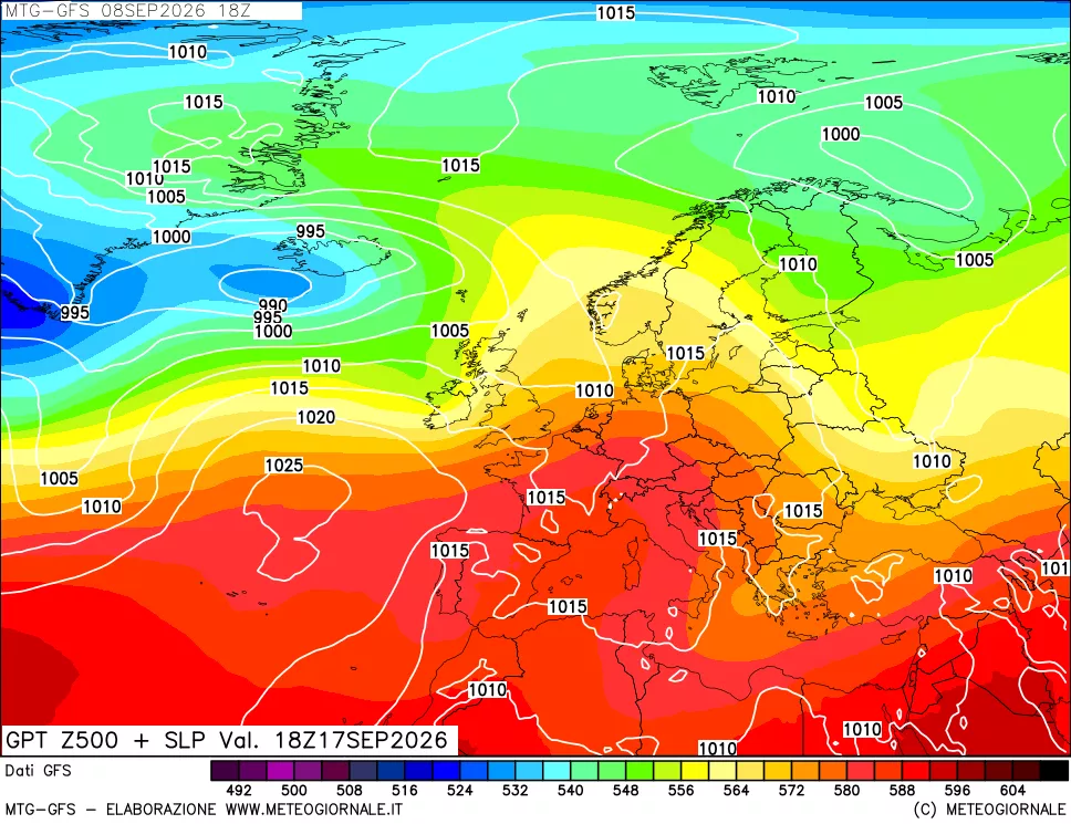 mappa GFS: Geopotenziale a 500 hPa + Pressione sul livello del mare