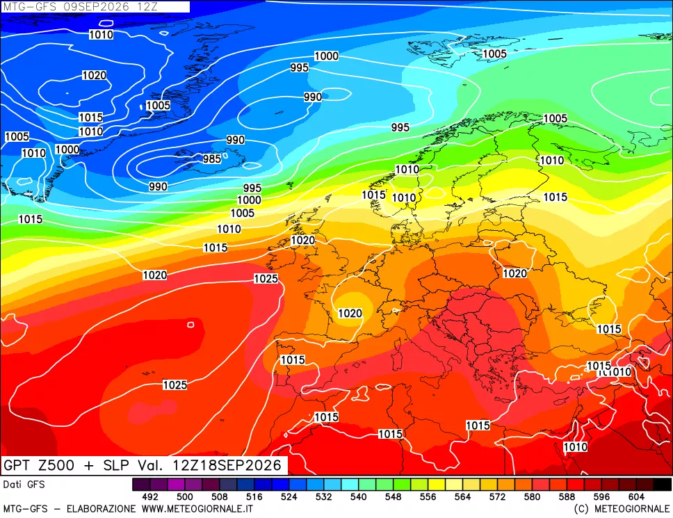 mappa GFS: Geopotenziale a 500 hPa + Pressione sul livello del mare