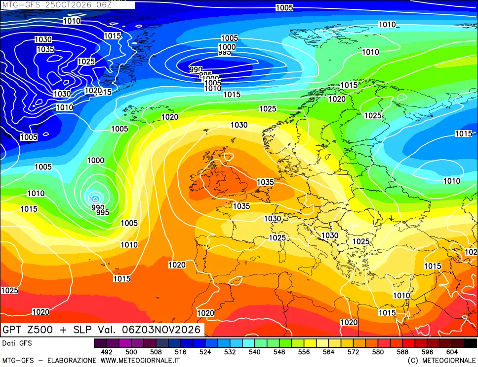 mappa GFS: Geopotenziale a 500 hPa + Pressione sul livello del mare