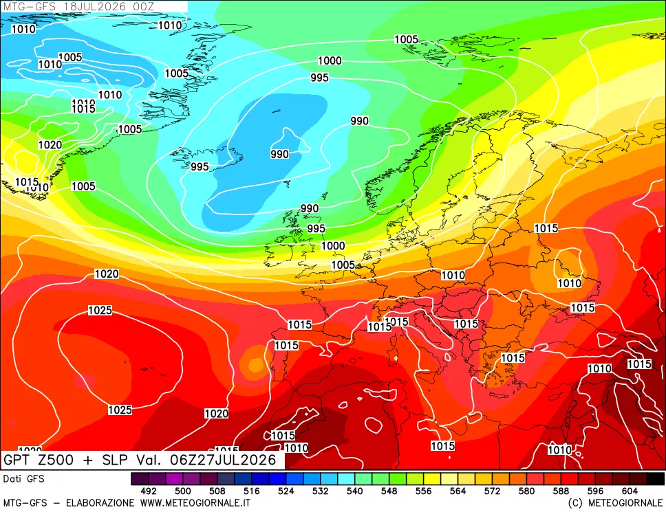 mappa GFS: Geopotenziale a 500 hPa + Pressione sul livello del mare