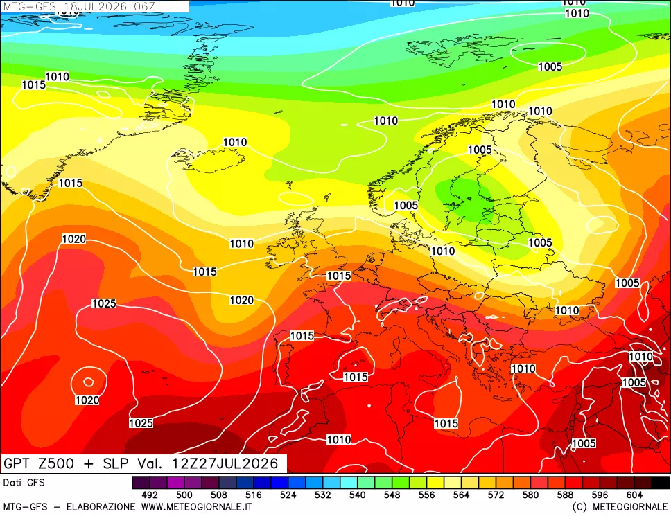 mappa GFS: Geopotenziale a 500 hPa + Pressione sul livello del mare