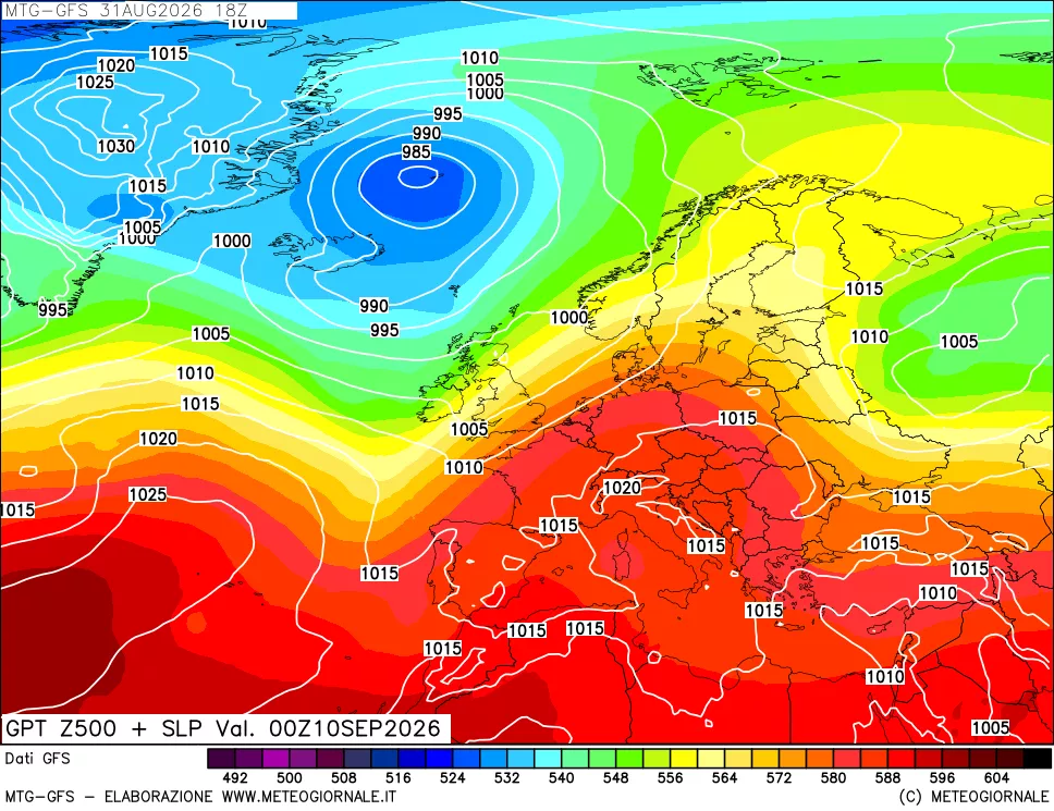 mappa GFS: Geopotenziale a 500 hPa + Pressione sul livello del mare
