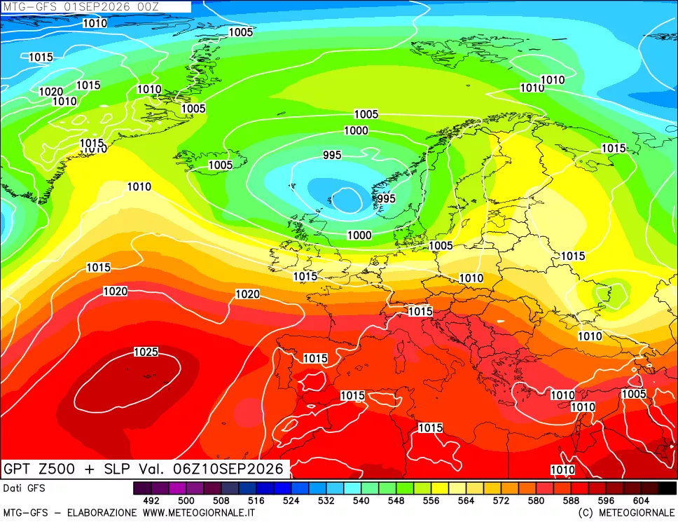 mappa GFS: Geopotenziale a 500 hPa + Pressione sul livello del mare