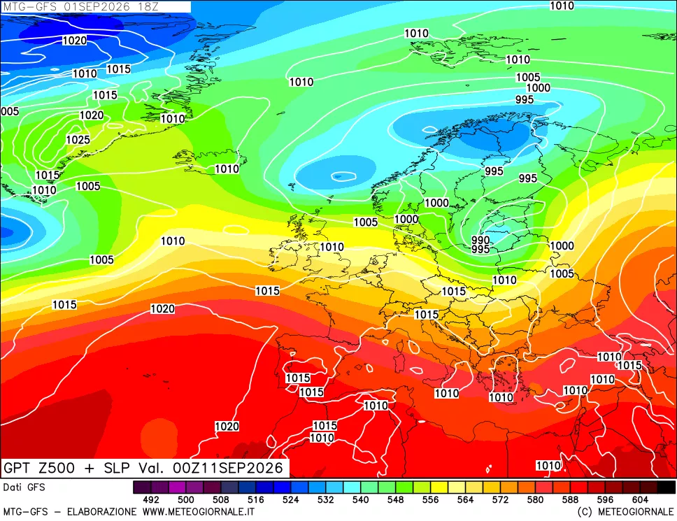 mappa GFS: Geopotenziale a 500 hPa + Pressione sul livello del mare
