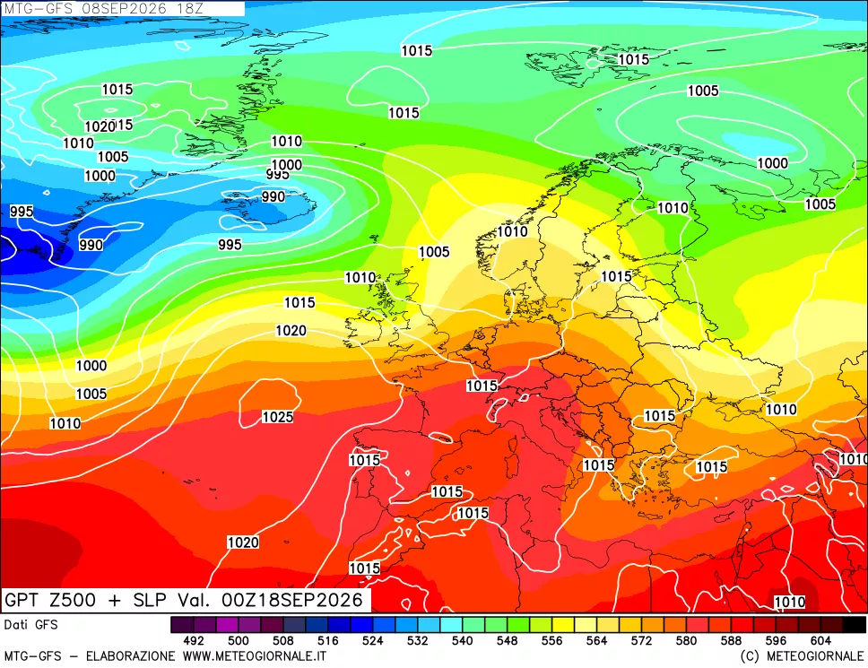 mappa GFS: Geopotenziale a 500 hPa + Pressione sul livello del mare