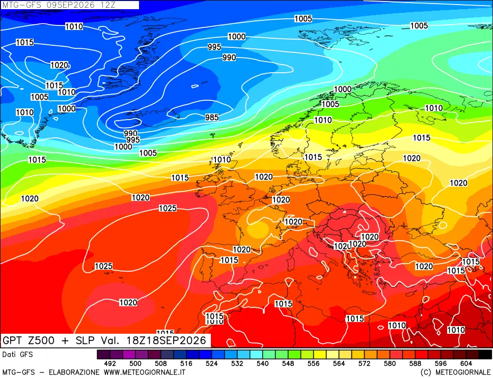 mappa GFS: Geopotenziale a 500 hPa + Pressione sul livello del mare
