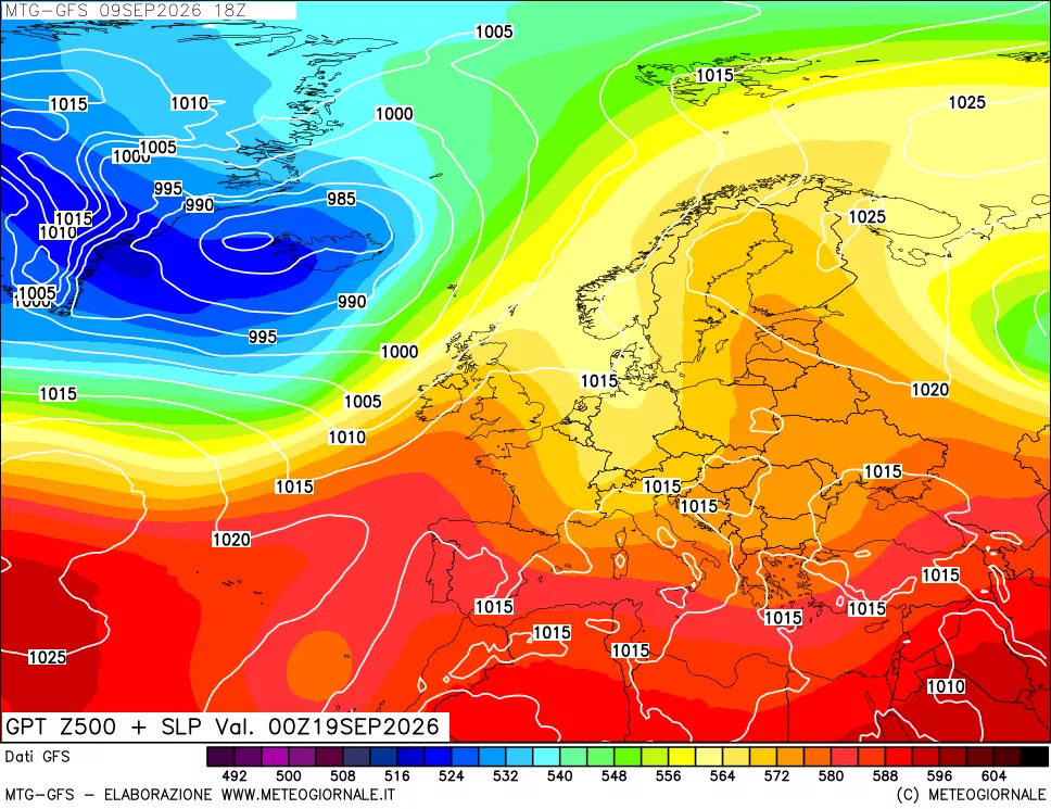 mappa GFS: Geopotenziale a 500 hPa + Pressione sul livello del mare