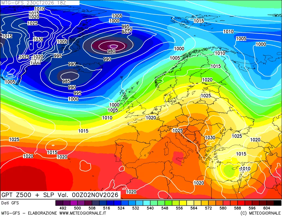 mappa GFS: Geopotenziale a 500 hPa + Pressione sul livello del mare