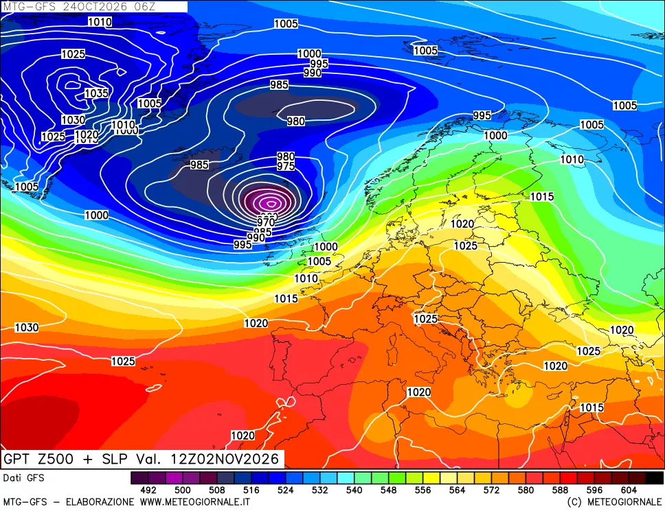 mappa GFS: Geopotenziale a 500 hPa + Pressione sul livello del mare