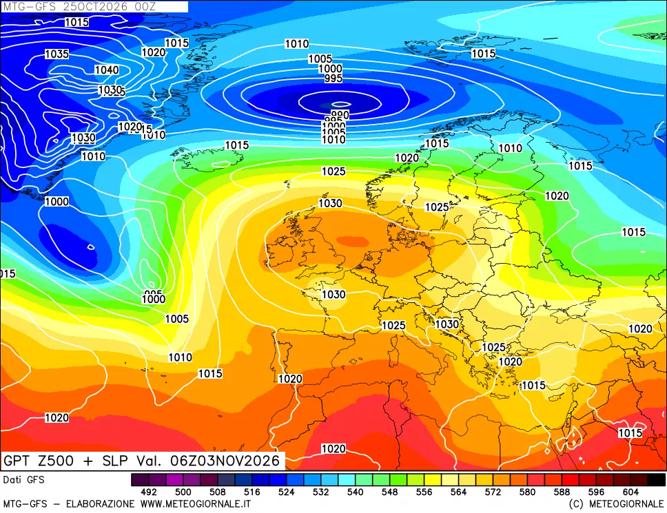 mappa GFS: Geopotenziale a 500 hPa + Pressione sul livello del mare