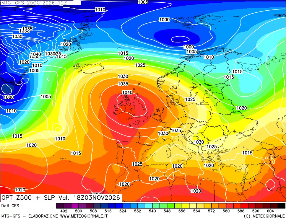 mappa GFS: Geopotenziale a 500 hPa + Pressione sul livello del mare