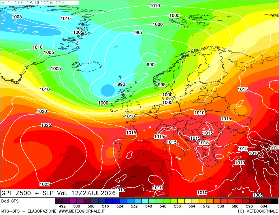 mappa GFS: Geopotenziale a 500 hPa + Pressione sul livello del mare