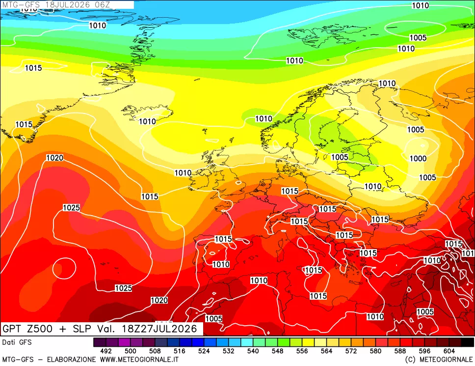 mappa GFS: Geopotenziale a 500 hPa + Pressione sul livello del mare