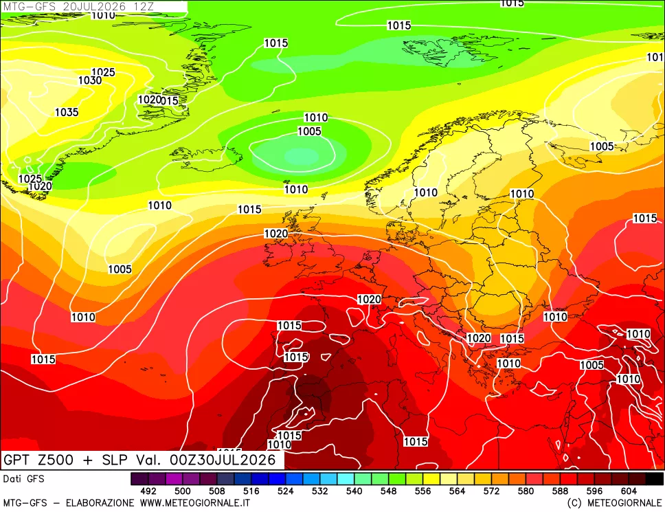 mappa GFS: Geopotenziale a 500 hPa + Pressione sul livello del mare