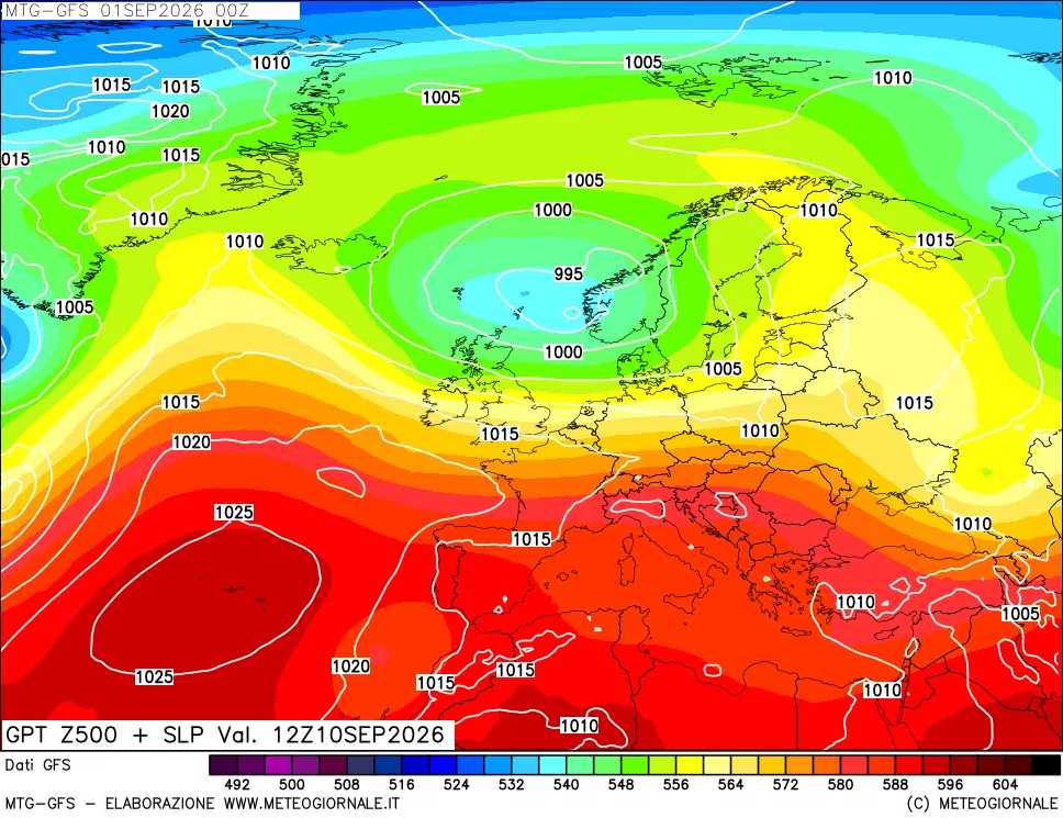 mappa GFS: Geopotenziale a 500 hPa + Pressione sul livello del mare