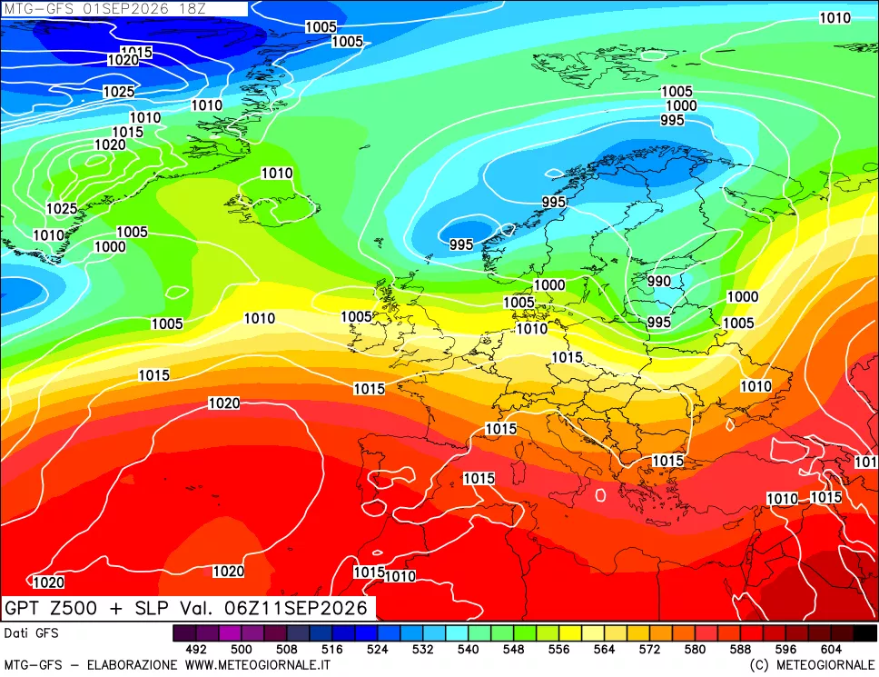 mappa GFS: Geopotenziale a 500 hPa + Pressione sul livello del mare