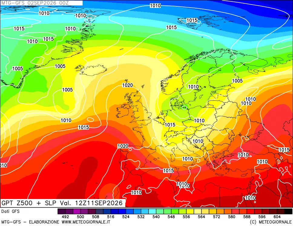 mappa GFS: Geopotenziale a 500 hPa + Pressione sul livello del mare