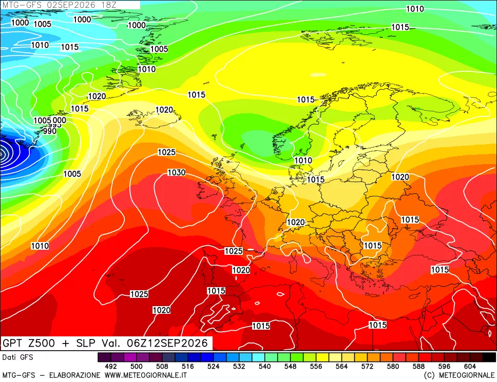 mappa GFS: Geopotenziale a 500 hPa + Pressione sul livello del mare