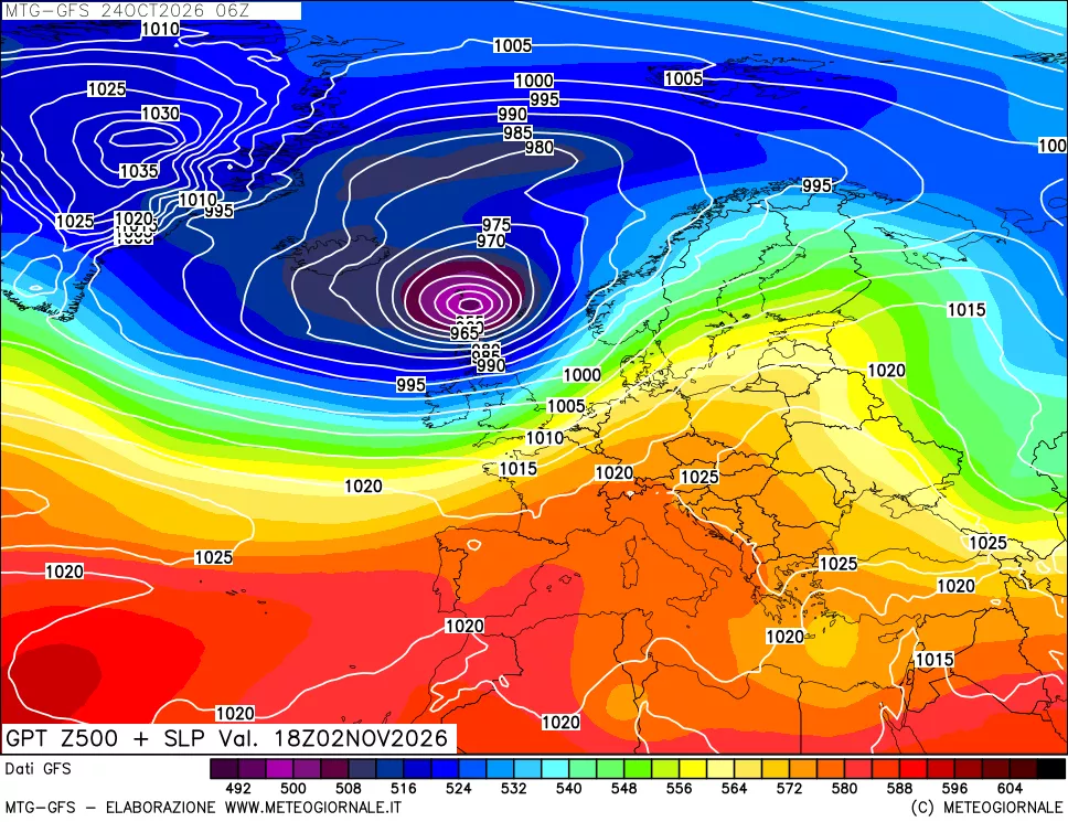 mappa GFS: Geopotenziale a 500 hPa + Pressione sul livello del mare
