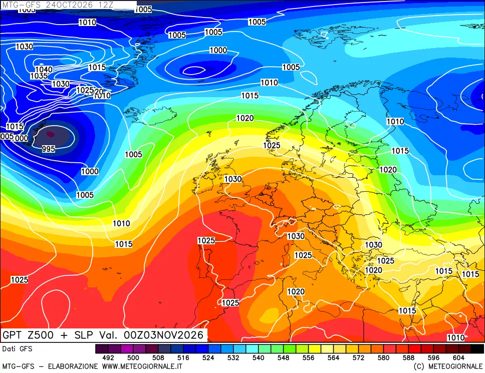 mappa GFS: Geopotenziale a 500 hPa + Pressione sul livello del mare