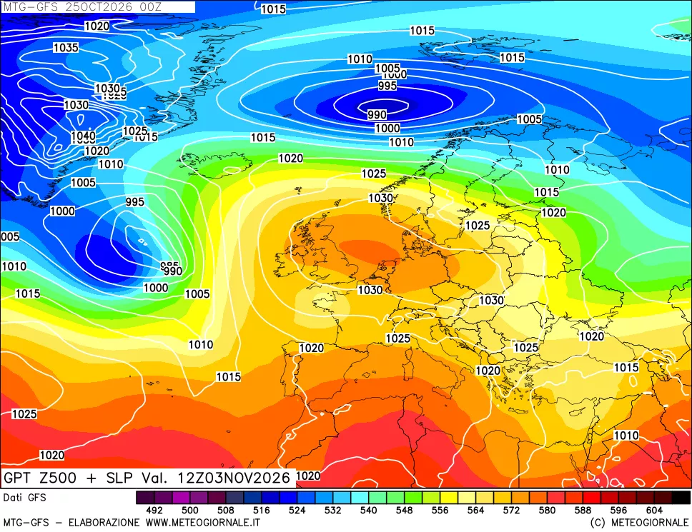 mappa GFS: Geopotenziale a 500 hPa + Pressione sul livello del mare