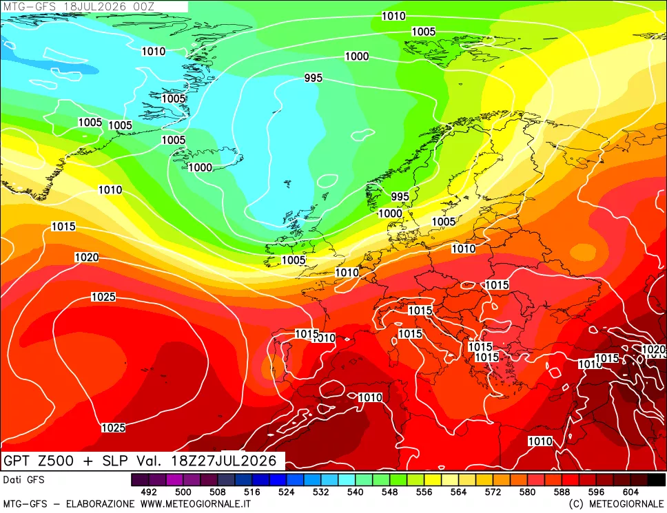 mappa GFS: Geopotenziale a 500 hPa + Pressione sul livello del mare