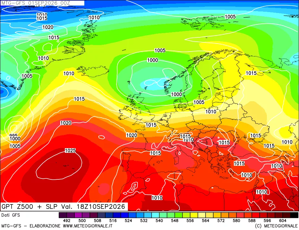 mappa GFS: Geopotenziale a 500 hPa + Pressione sul livello del mare