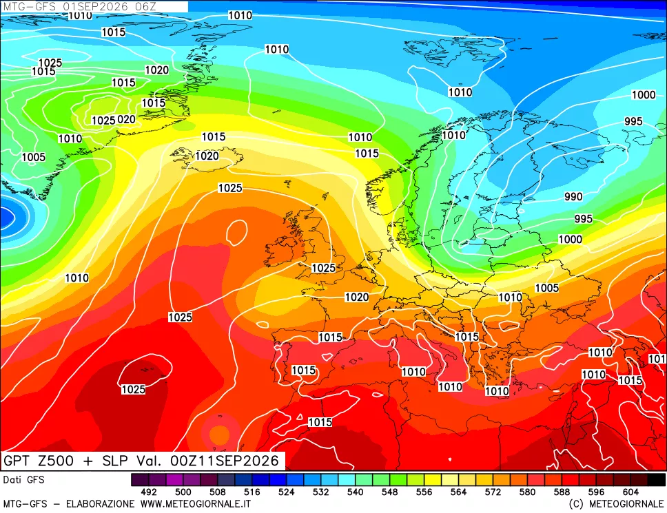 mappa GFS: Geopotenziale a 500 hPa + Pressione sul livello del mare