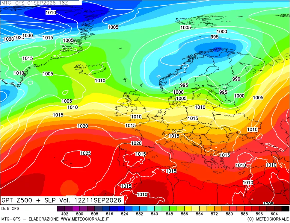 mappa GFS: Geopotenziale a 500 hPa + Pressione sul livello del mare