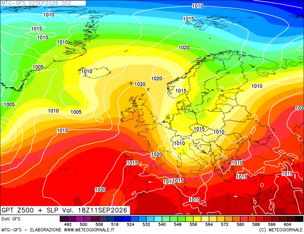 mappa GFS: Geopotenziale a 500 hPa + Pressione sul livello del mare