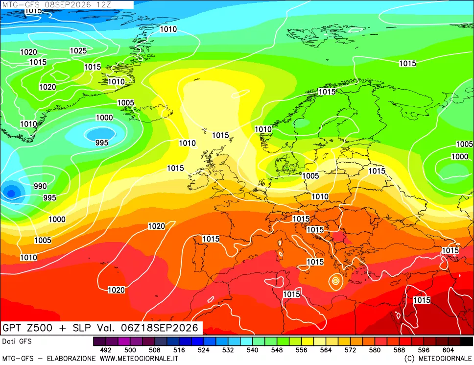 mappa GFS: Geopotenziale a 500 hPa + Pressione sul livello del mare