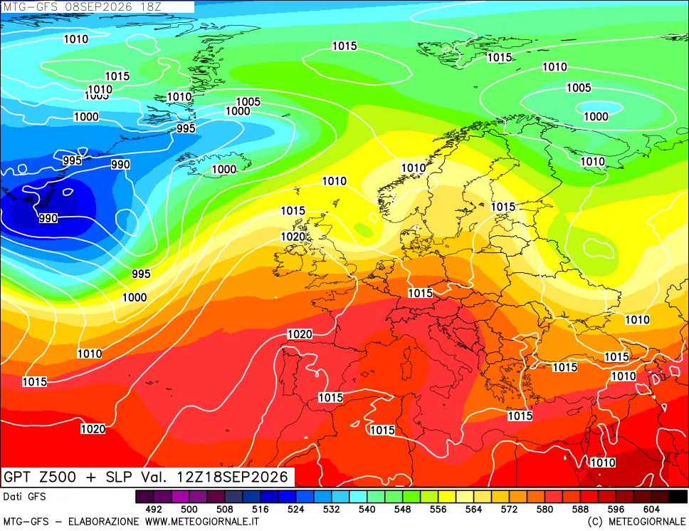 mappa GFS: Geopotenziale a 500 hPa + Pressione sul livello del mare